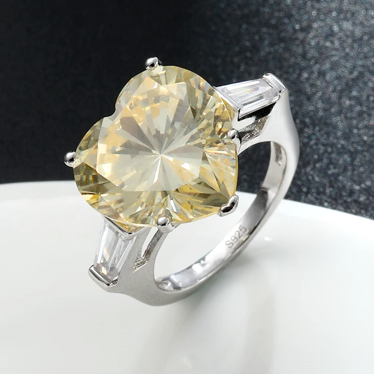 925 Silver Jewelry Love Heart Shape Ring Engagement Wedding Ring Women Yellow Zircon Heart Ring