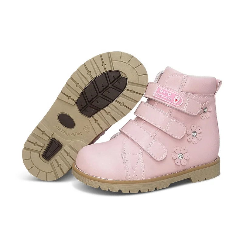 Ukraine Russian market kid girls pink flower decoration leather boots orthopedic shoes guangzhou manufacturer wholesale price
