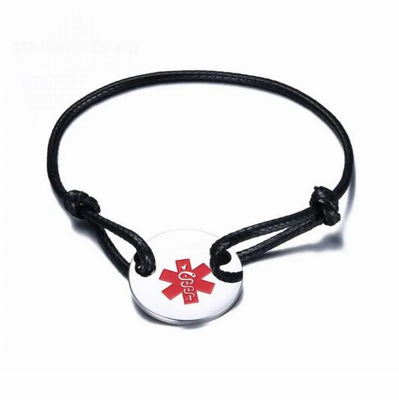 Hot Sales Promotional Gift  Custom Stainless steel Black Wax Cord Bracelet With Logo Engraved Medical Symbol Bracelet Tags