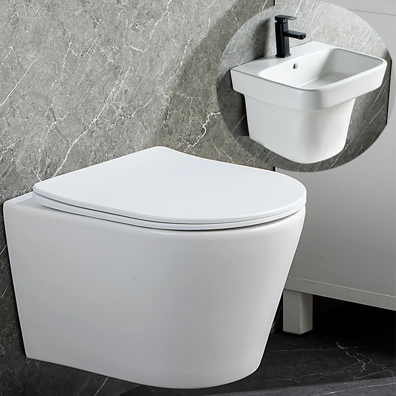 Modern Porcelain CE Rimless Wall Mounted Basin Toilet Toilet Bowl Sink Set
