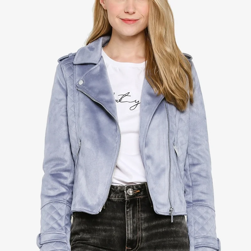 women casual style faux leather suede sports jacket with quilted panels