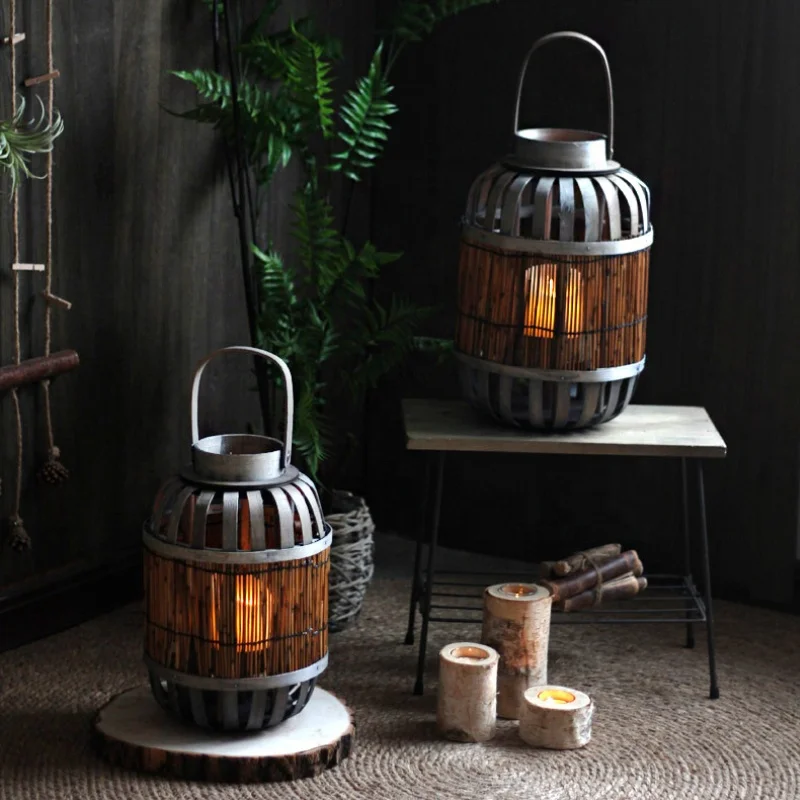 Wooden Striped Bamboo Lantern with LED Flameless Candle Indoor Wind Lantern