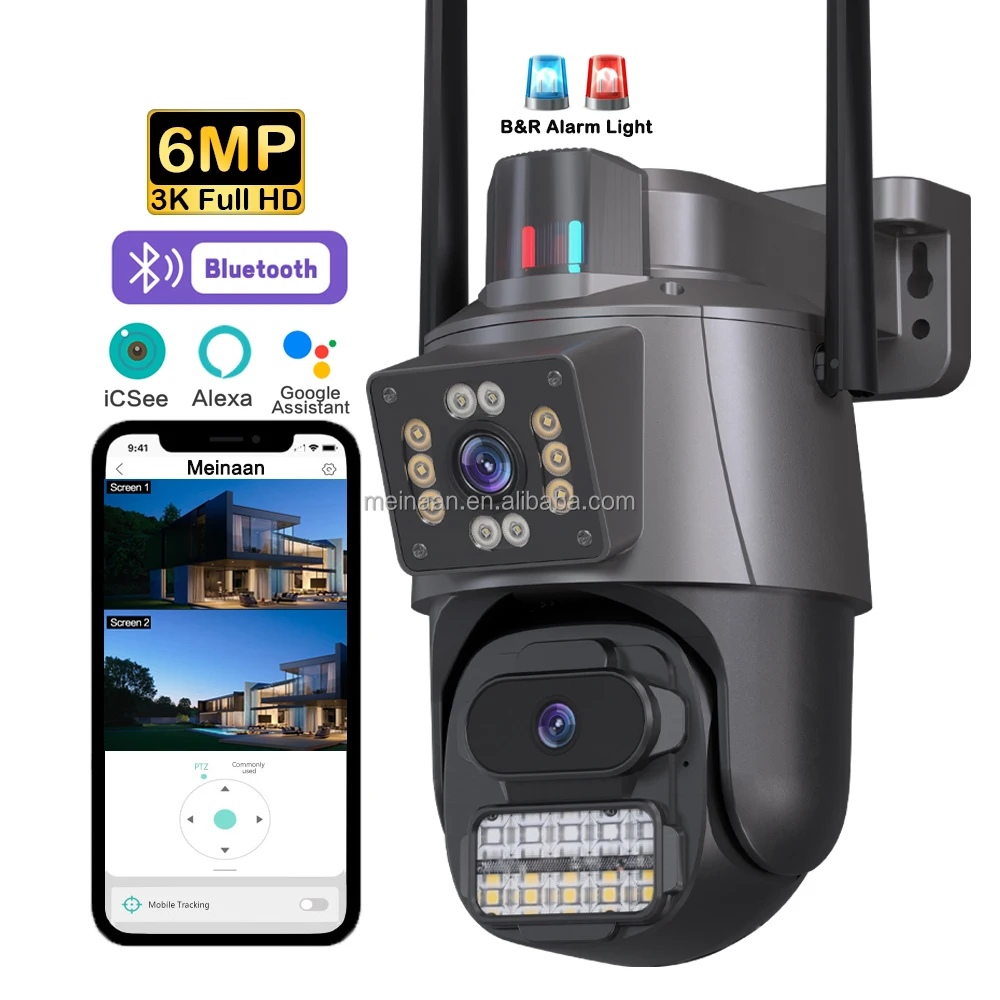 Alexa Wireless WiFi Smart Home Video Surveillance IP PTZ CCTV Camera ICSee 4K 360 Outdoor Dual Lens WiFi Security Camera