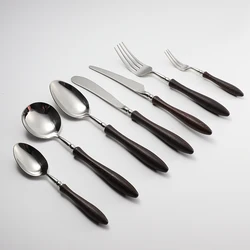 304 Stainless Steel Wooden Spoon Knife And Fork Reusable Wood Flatware Silver Cutlery Set