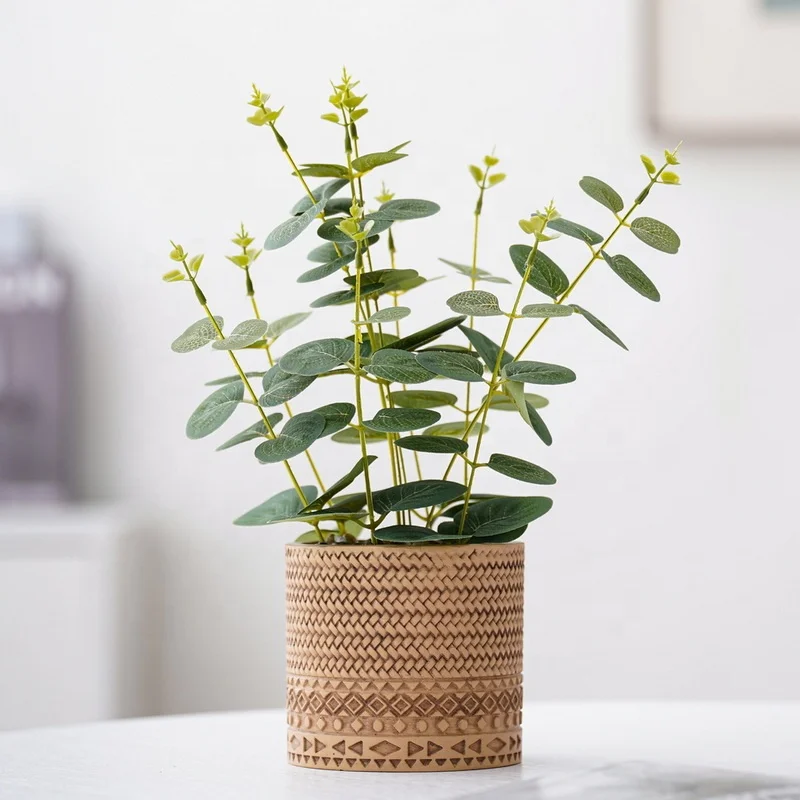 Artificial Potted Plants 13 inch Faux Green Leaves Natural Stone Plant Cement Pot Artificial Plants for Home Decor