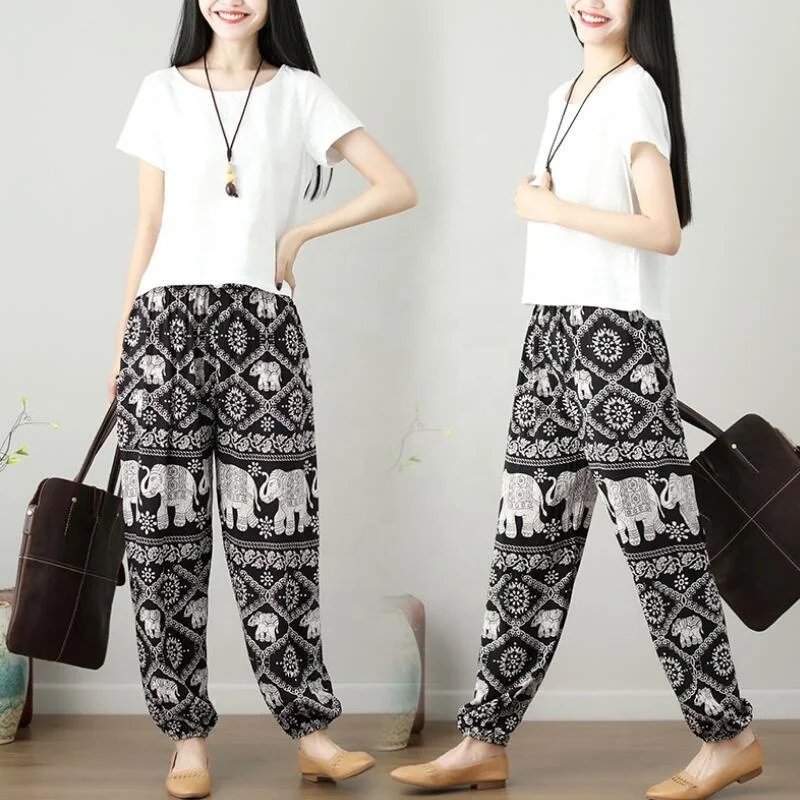 Summer Cotton Elephant Bloomer Pants Thailand for Womens Pantalettes Trousers with Pockets Loose No Stretch