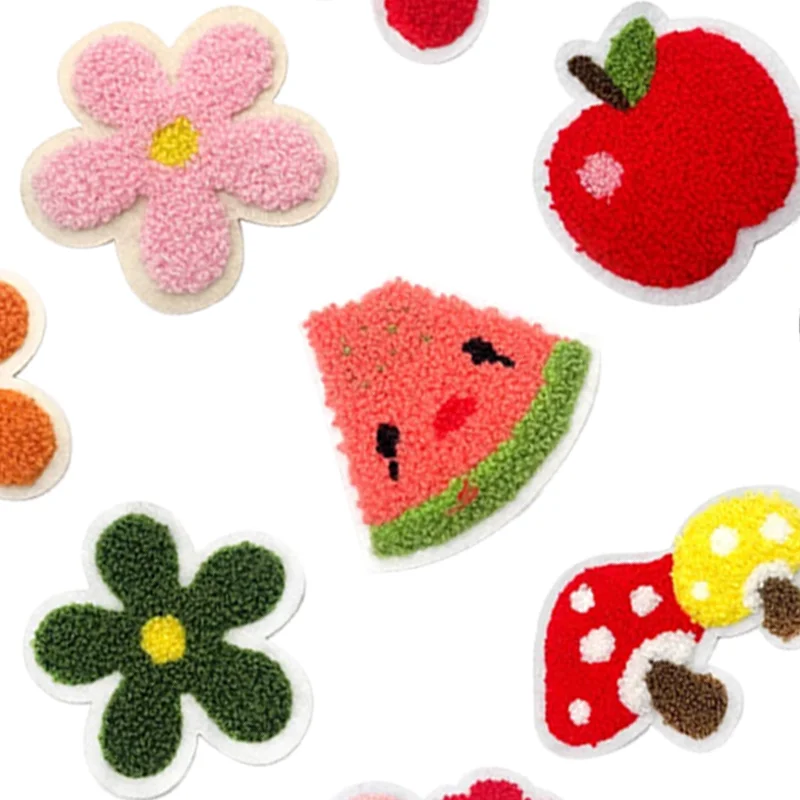 New Cute Colorful Fruit Design Custom Towel Embroidery Patches Custom Flower Chenille Embroidery Iron On Patches for Hat Bag