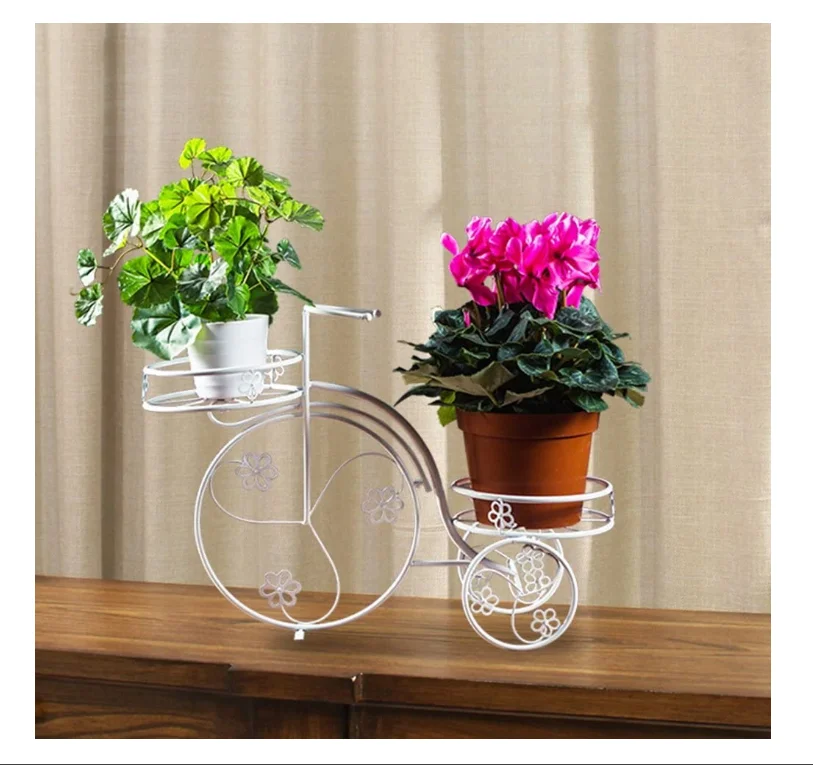 Iron plant shelves / display shelves, bicycle modeling patio / loft / outdoor white floor flower pot planters