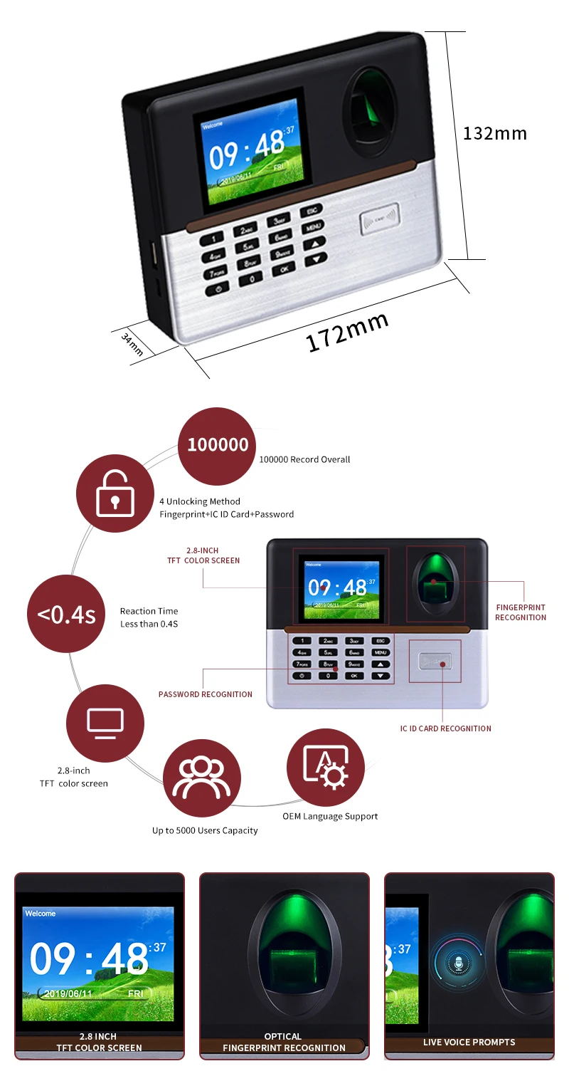 Custom Employee Daily work time Recorder Biometric Fingerprint Scanner TCP/IP USB  Wifi Time and attendance system