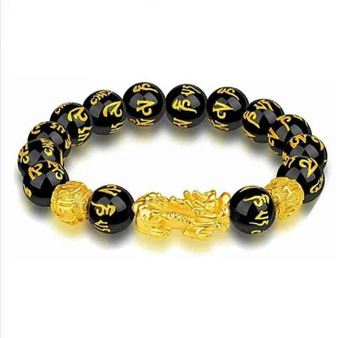 12mm Faux Obsidian Black Bead Bracelet for Men Vintage Jewelry Lucky Pixiu Bracelets