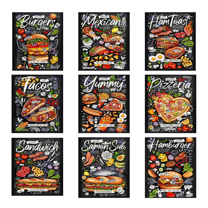 Full Drill 5D Diamond Painting Art Hamburger Pizza Food Text Birthday Gift Landscape Painting Kits Canvas Crafts Home Decoration