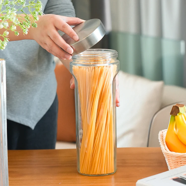 bpa free modern large kitchen transparent glass vacuum candy pasta coffee storage jars container organiser stainless steel lid