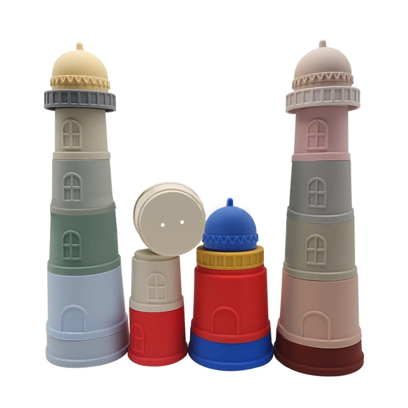 Beacon Shape Food Grade Stacking Cups Set Babi Toy Toy Puzzle Stacker Building Blocks Silicone Baby Stacking Toy