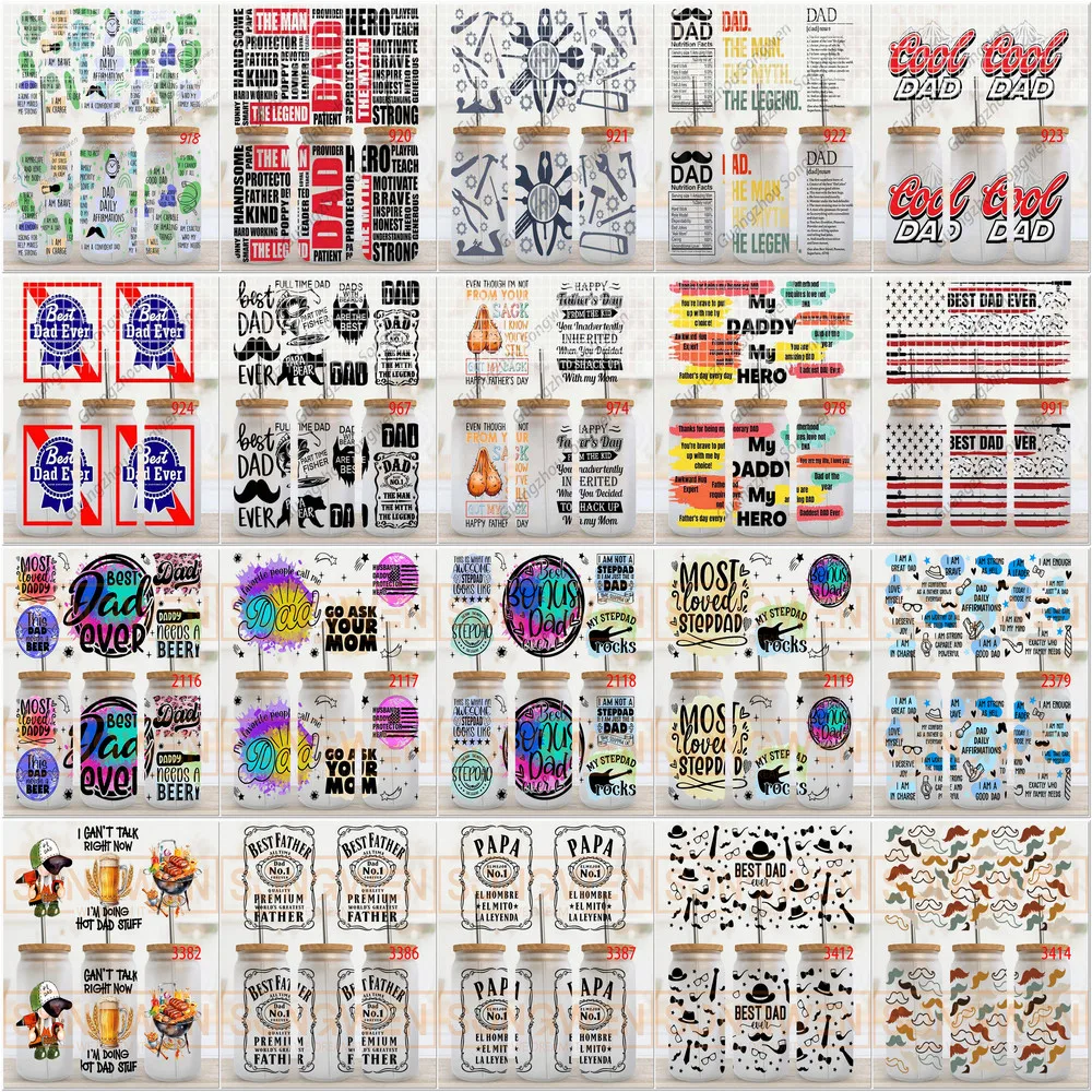 Fathers Day DIY Libby Glass Waterproof 3D UV DTF Cup Wrap Label Transfers Stickers For 16oz Cup Tumbler Mug Can Bottle Wrap