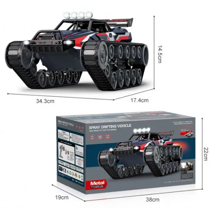 Flyxinsim JJRC 2063 1:12 RC Car Tank 2.4G Hight Speed Metal Crawler Military Remote Control Toy with Tail light Spray Car