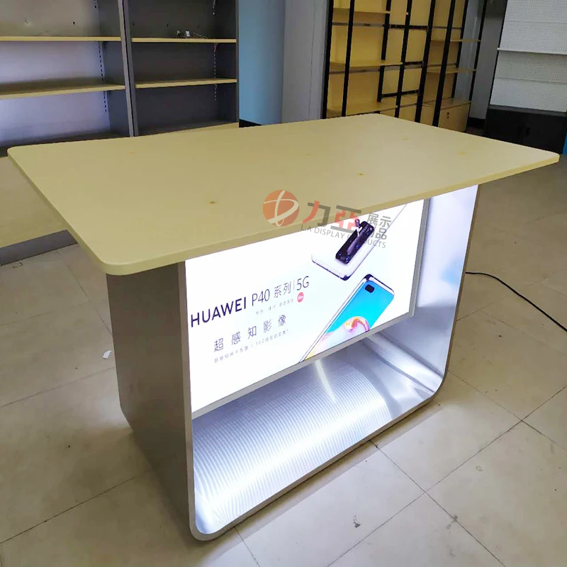 Factory design mobile phone shop laptop table led lighting logo wood display tables