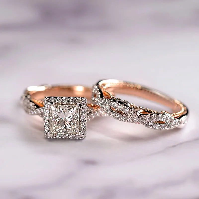 Weddings Three Piece Sparkling Square Zircon Matching Rings Couple Classic Dubai Design Rose Gold Ring Set