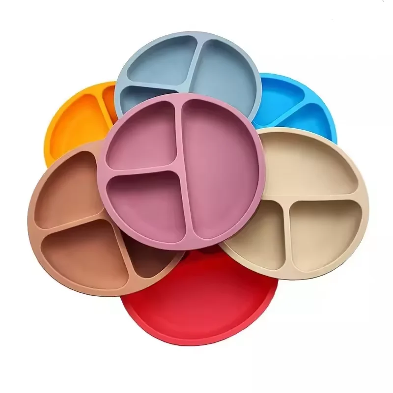 BPA Free Strong Suction Plate Spoon Set Feeding Bib Baby Dishwasher Safe Silicone Divided Dinner Plate Dish for Toddler