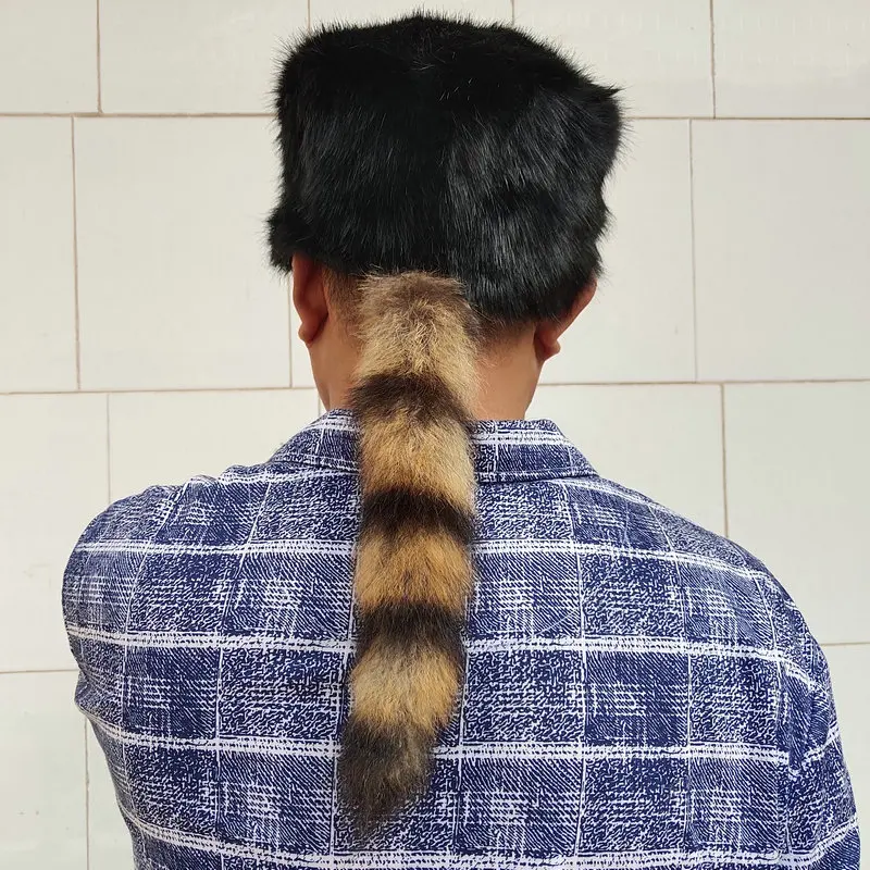 Custom Faux fur and real raccoon tail hat for men   Faux rabbit fur hat with tail