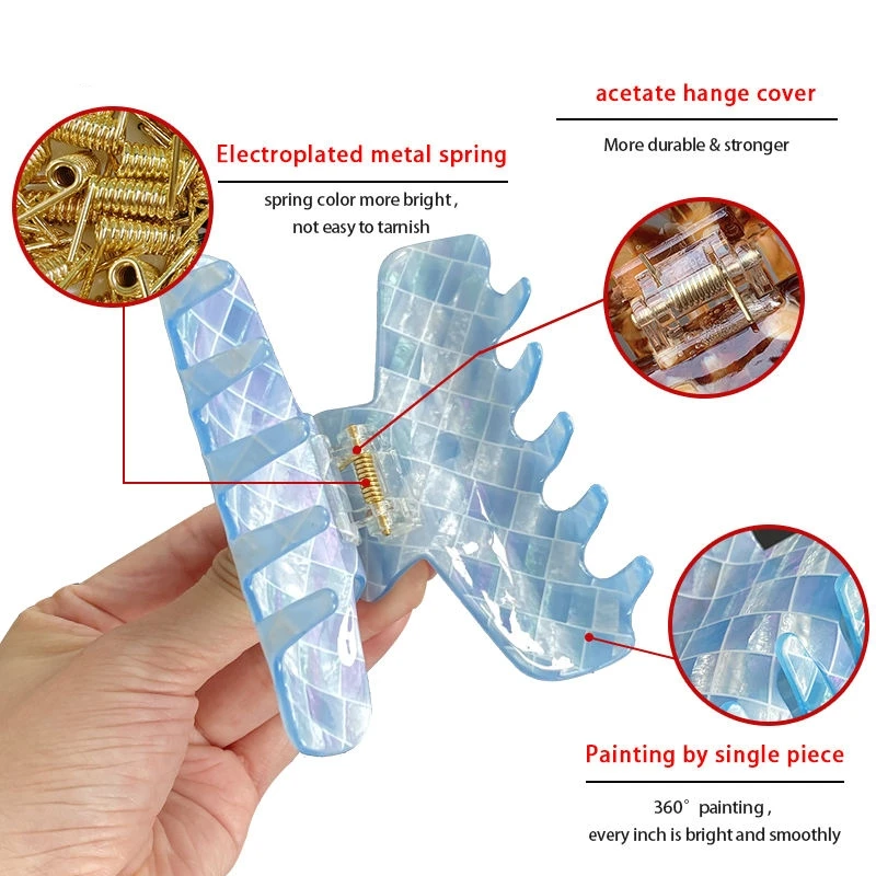 HONEY 9.5CM Acetic acid sheet advanced color plaid grab clip all hair shark claw,Versatile hair curling shark clip