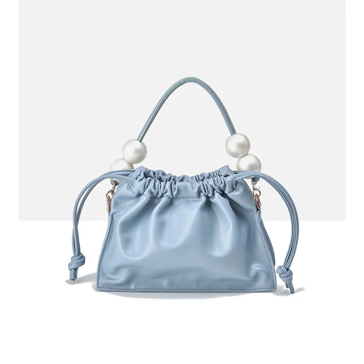 Ladies Portable Small Square Bag Pearl Suitable for Leisure Life Hand Drawstring Soft PU Leather Polyester Customized Summer Bag