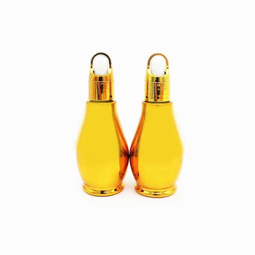 Electroplating golden pot-belly 60ml 2oz perfume bottle ,cover gold aluminum flower basket cap with glass dropper pipette