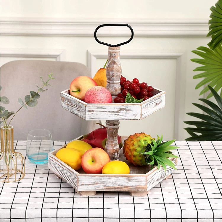 Tiered Tray Stand 2 Tier Wood Serving Trays Farmhouse Heaxgon Wooden Platter for Coffee Bar Cakes Desserts Fruits Snack Candy