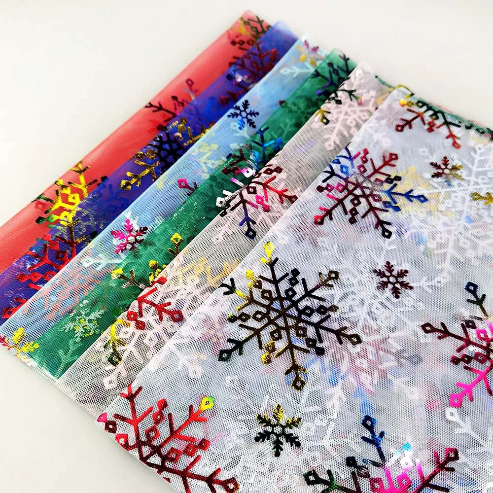 2023 New Rainbow Color Snowflake Design Foil Tulle Fabric for Christmas