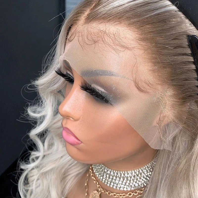 Ombre Grey/Blonde Color 13x4 Lace Body Wave 100% Human Hair Wig  Hair Glueless Full Lace Frontal Wig For Women