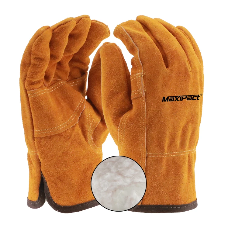 MaxiPact Brown Cow Split Safety Gloves with Inserts Wear Resistant Leather Hand Protection with Wool Lining