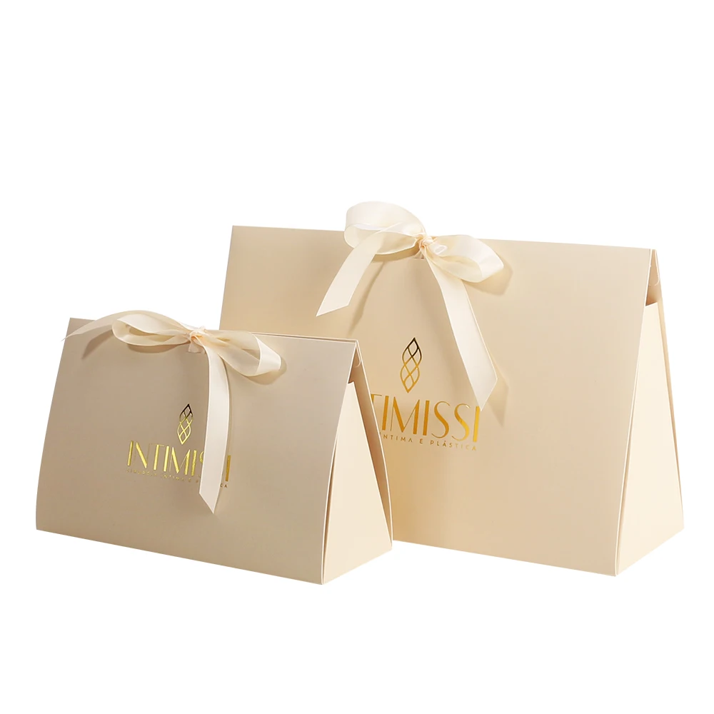 Bag with ribbon for Cosmetic Custom colors luxury Shopping Bag Clutch paper bag Kraft Handbag With Twisted Nylon Rope Handle