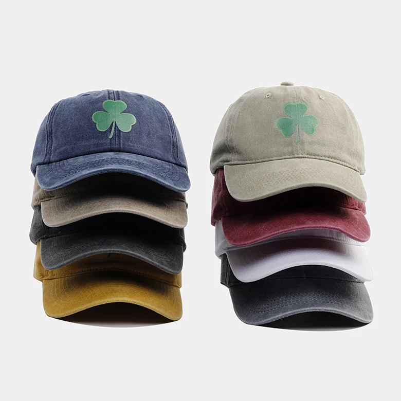 Custom Wash Cotton 3 Leaf Clover Shamrock Dad Hats Printing Clover Pattern Cap For Men & Women