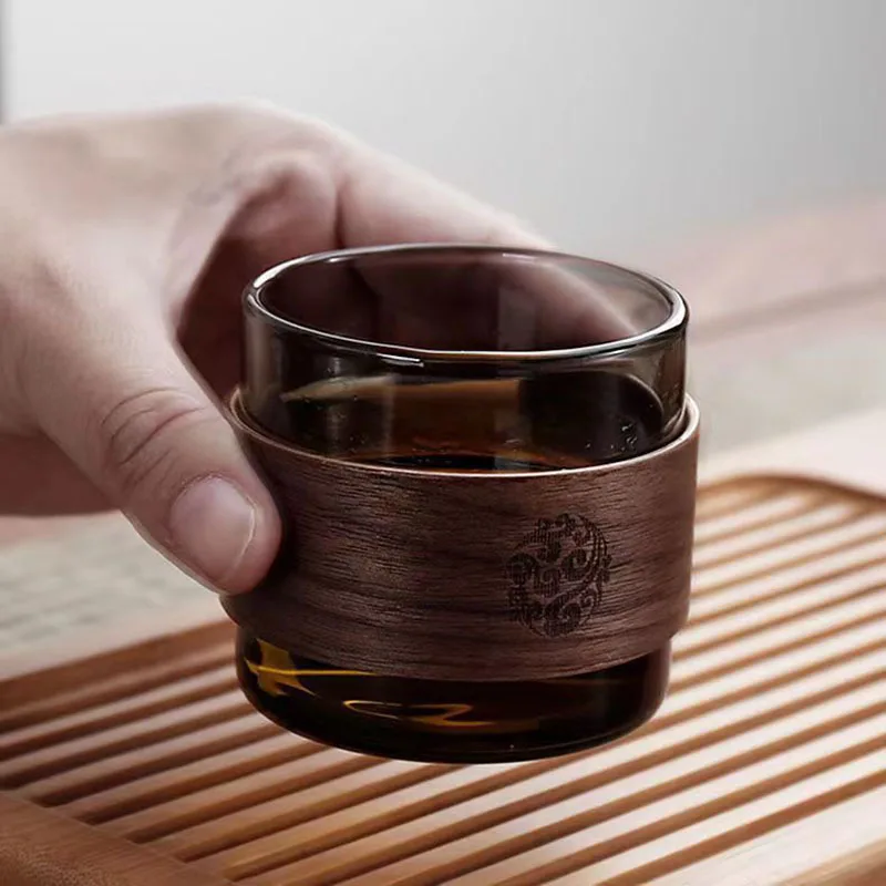 39Years Factory High Borosilicate Glass Tea Cup Wooden Holder Small Size Grey Color Glass Tea Mug 150ml Capacity