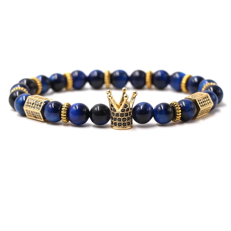 Classic Micro Pave CZ Crown Charm Bracelet For Women Natural Tiger eye Howlite Stone Bracelet For Men Gift Jewelry