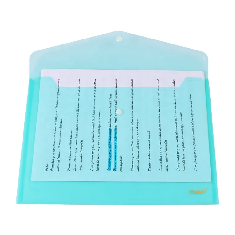 High-quality PP Plastic Corrosion Resistant 5 Colors A4 FC Size Plastic Envelope Pockets for File