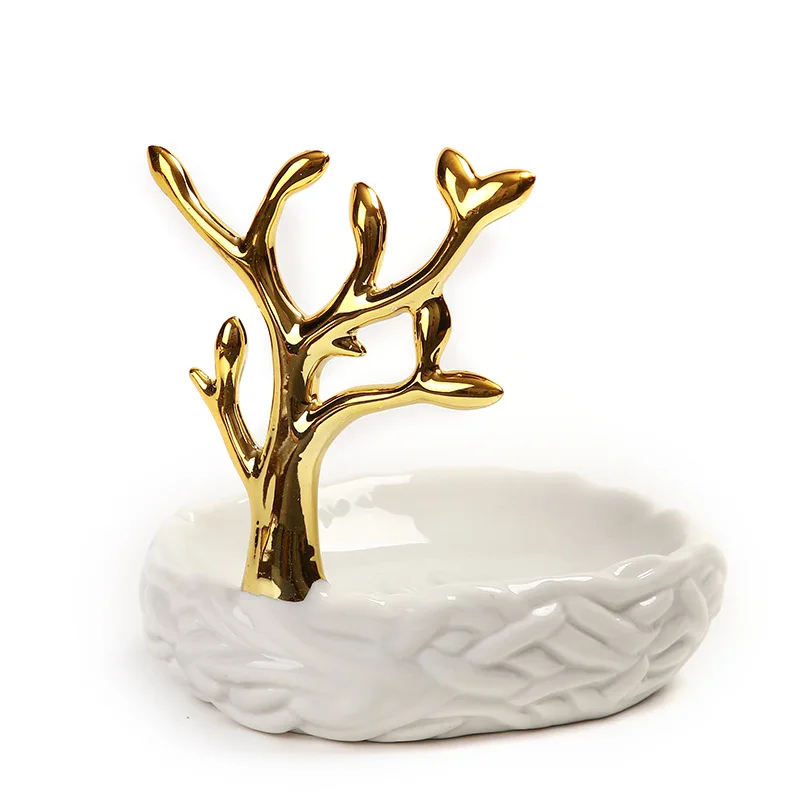 Ins creative bathroom decoration custom Nordic branch ceramic jewelry ring box