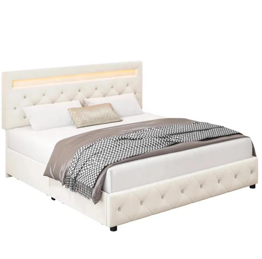 Short headboard buttons tufted leather bed beauty storage drawers double bed modern king queen size bed furniture made in China