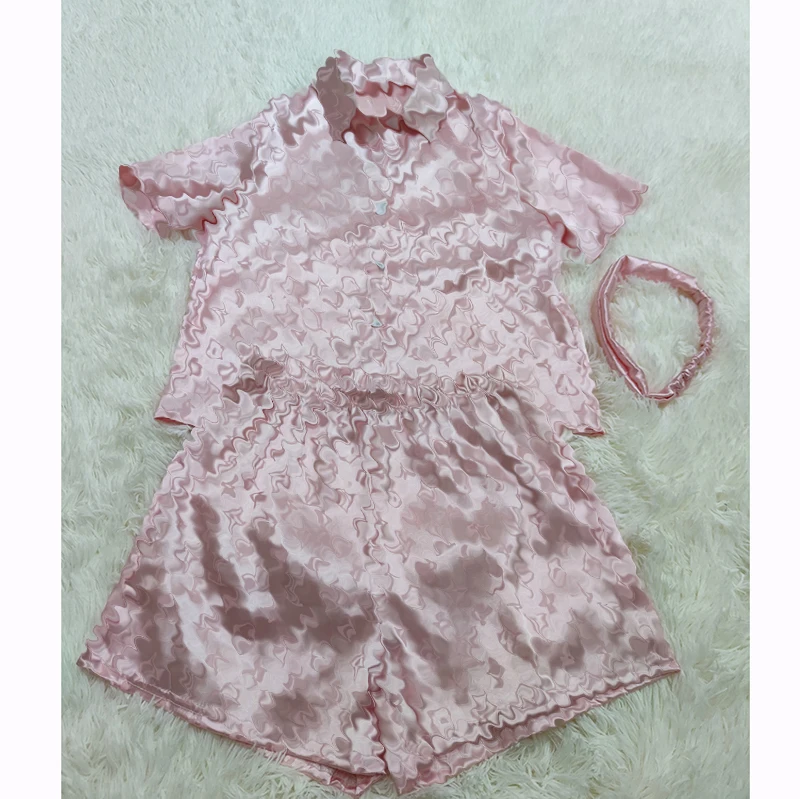 2022 Satin Pj Set  3 Piece Silk Sleepwear Pajama Set Pyjamas Women Sleepwear Pj Sets Designer Pants Pajamas With Headband