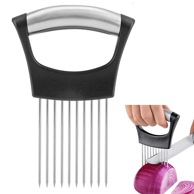Kitchen Gadget Food Grade Slicing Meat Fish Fork Potato Slicer Needle Stainless Steel Vegetable Fruit Cutter Onion Holder Cutter