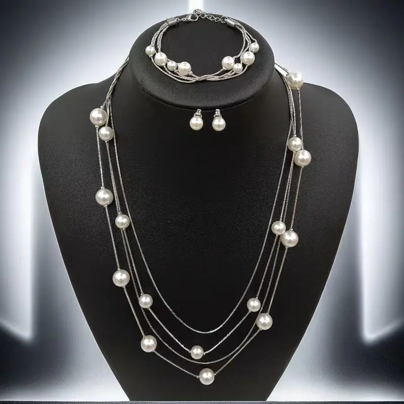 fashion multi-layer pearl set long trendy necklace bracelet pearl pijamas winter pearl jewellery set