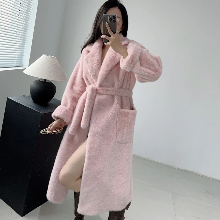 Elegant Women Plush Faux Mink Fur Overcoat Belted Long Faux Fur Coat Solid Full Sleeve Wholesale Fur Trench Belt Pocket Coat