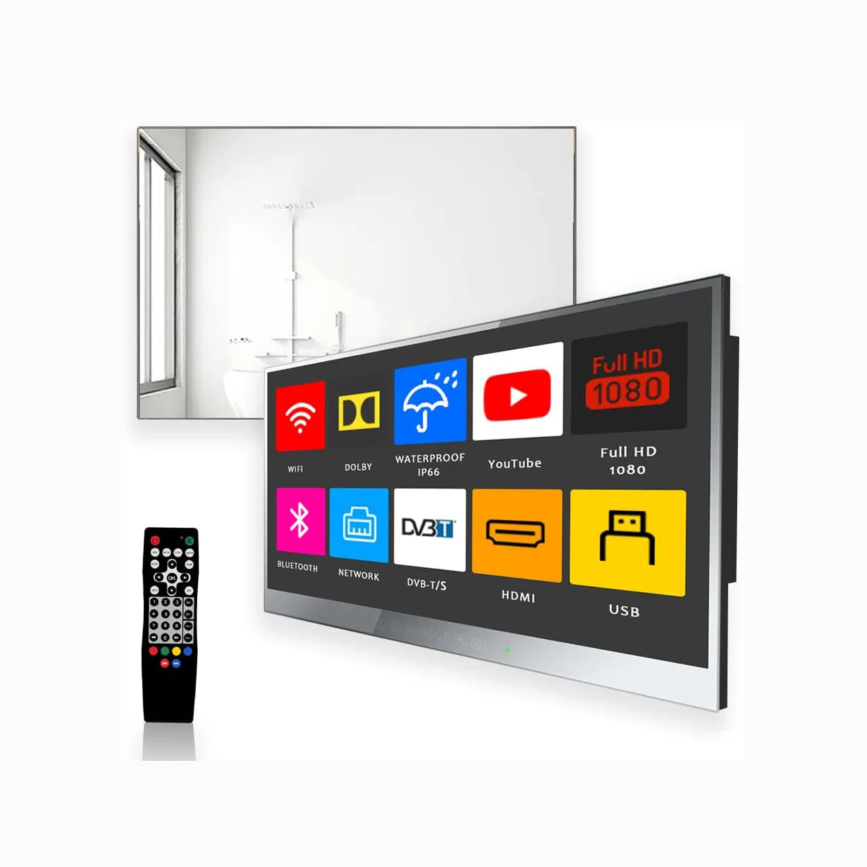 22 inch Waterproof Android Mirror Bathroom TV with Streaming Channels Support Netflix Dis.ney HBOmax Kinds of Languages