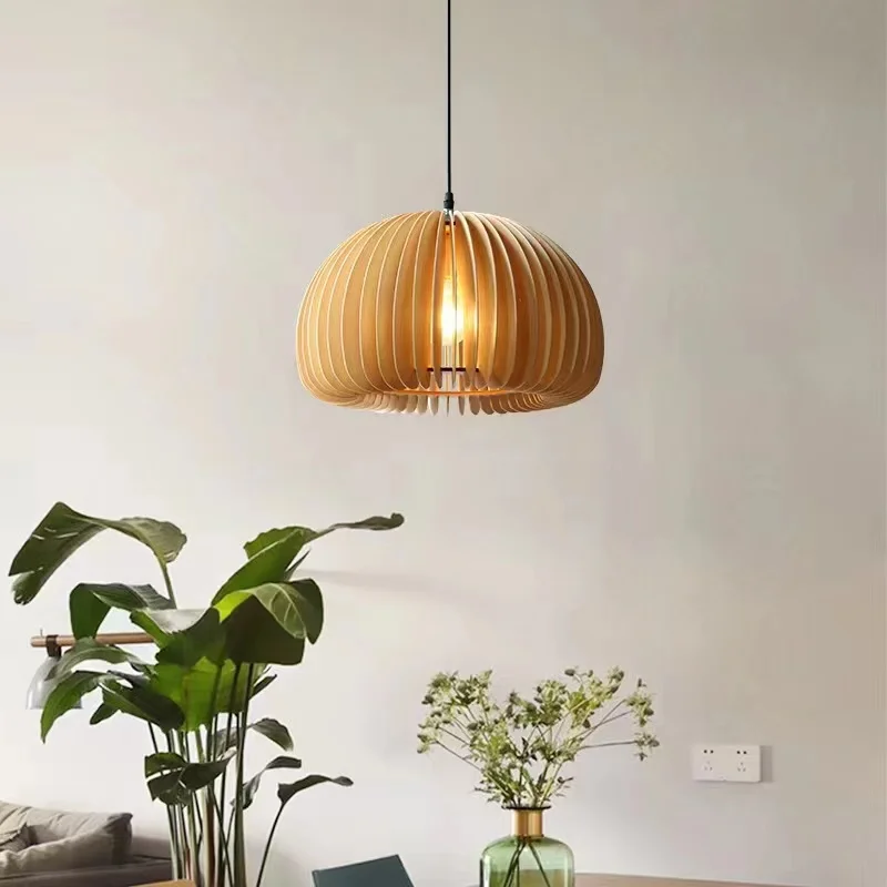 Kitchen Decorative E27 Hanging Lamp Dining Room Pumpkin Shade Bamboo Pendant Lamp Hotel Cheap Nordic Modern Wood Pendant Light