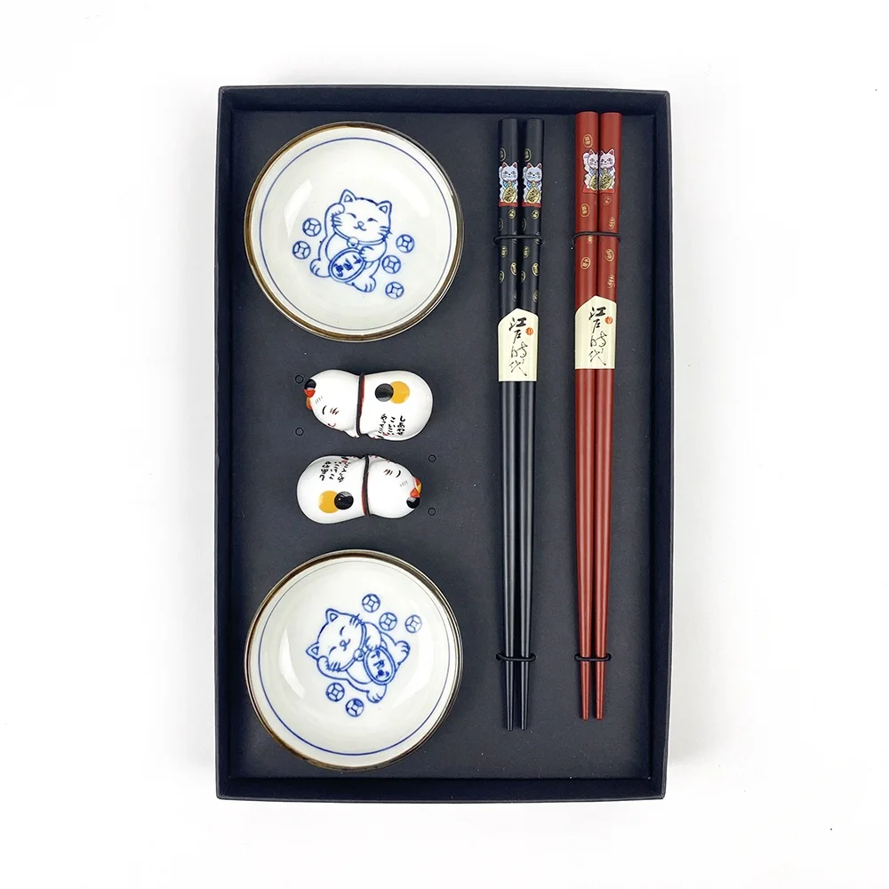 Japanese Lucky cat Ceramic Dish with chopsticks Porcelain Vinegar Plate Small Soy Sauce Dish  Diner Ware