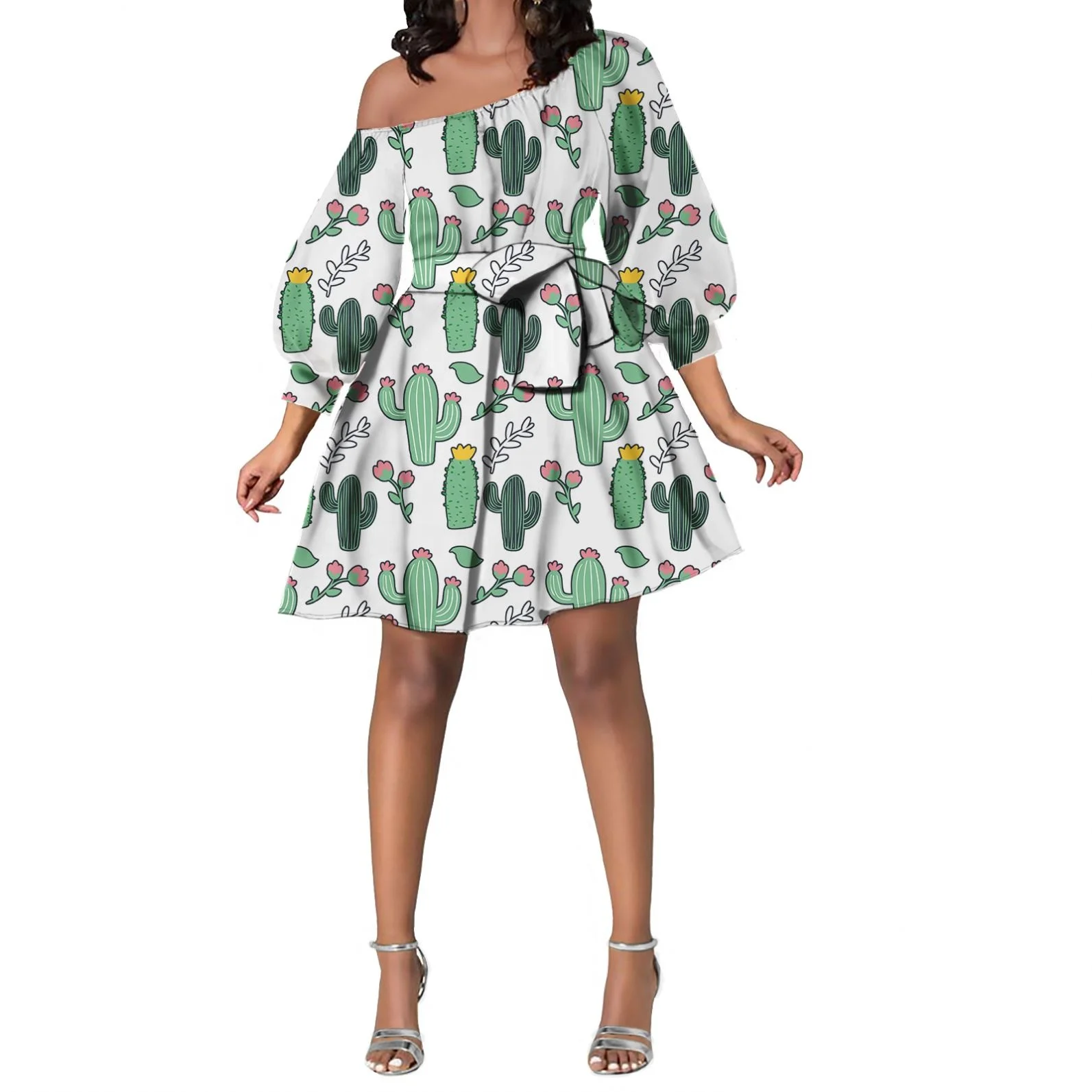 Cute Cartoon Cactus White Pattern Dresses Women Mini Lady Elegant Casual Sexy One Shoulder Long Sleeve Dresses for Women Sexy