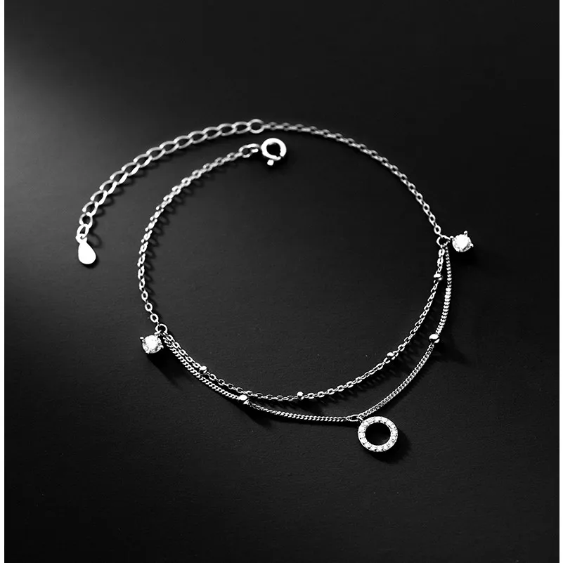 925 Real Sterling Silver Cubic Zirconia Anklet Bracelet 18K Gold Plated Chain Round Pendant Anklets Foot Jewelry for Women
