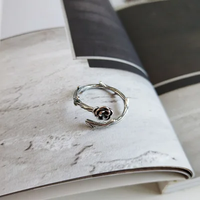 Vintage Rose Design Korean Jewelry Handmade Silver Elegant Opening Flower Ring Fashion Sterling Silver Rings For Women