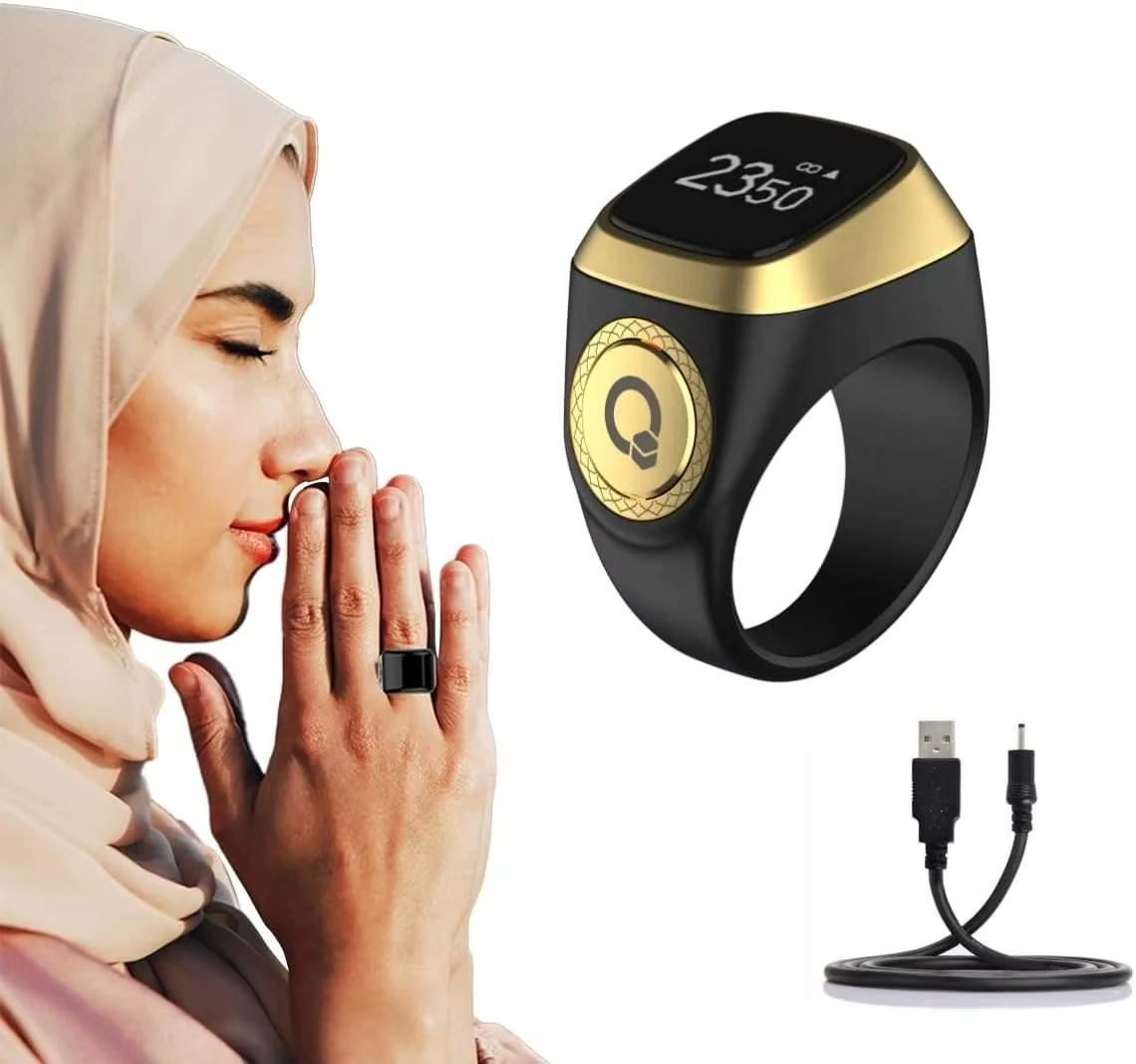 Smart Digital Tasbeeh Ring for Muslims 5 Prayer Times Counter with Vibration Reminder Waterproof Qibla Healthcare Supply