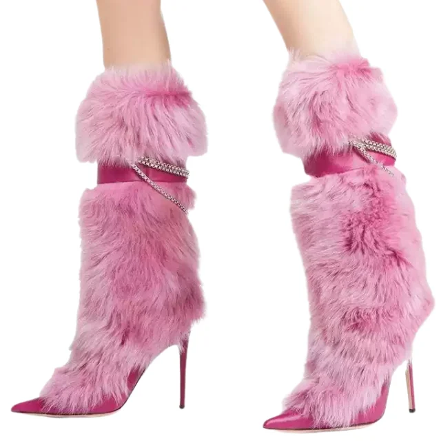 Pointed Toe Silver Chain Knee Length Boots Party Dress Women Boots Shoes High Heels Warm Furry Boots For Women