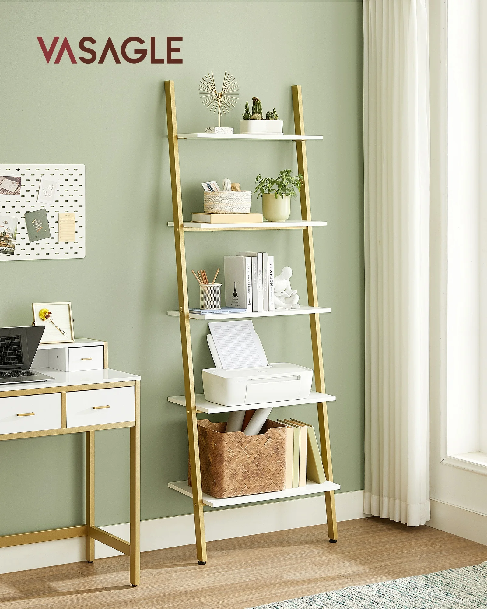 VASAGLE 5 tier ladder wall shelf storage display bookcase leaning living room metal wood wall mounted blanket ladder